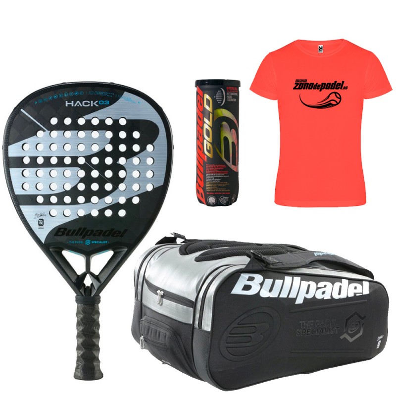 Pack Bullpadel Hack 03 2023 + Schlägertasche + Bälle + T-Shirt